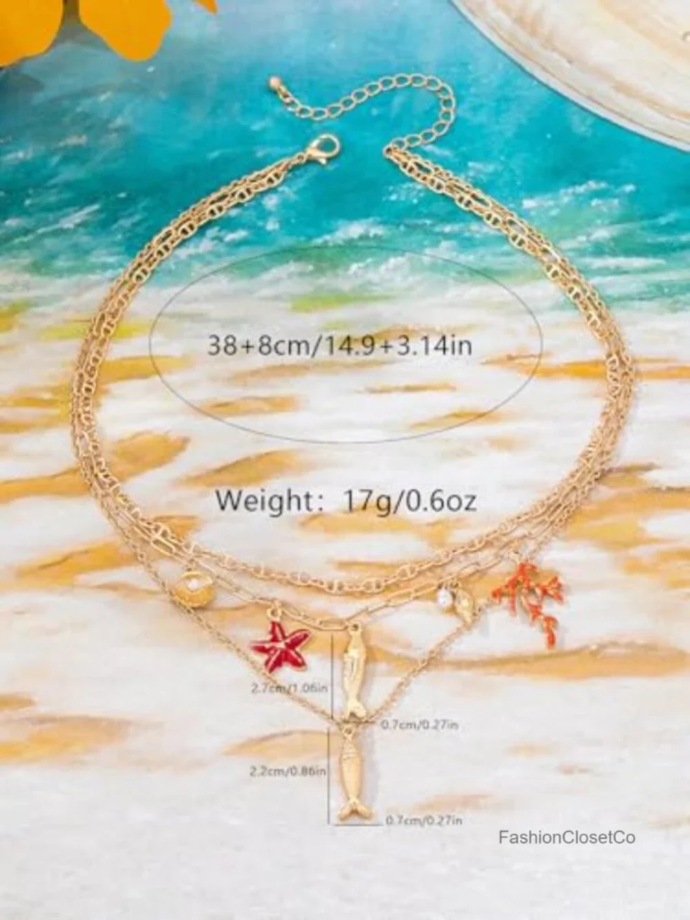 Layered Ocean Charm Necklace Multi Row Fish Starfish Shell Coral Pendant